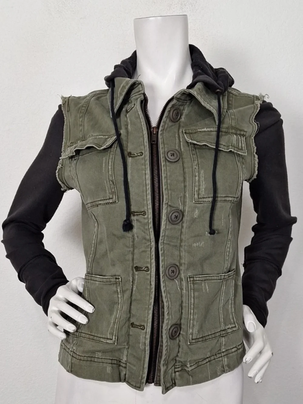 Free People Olive Green & Black Pieced Grunge Knit Hooded Twill Jacket Size XS